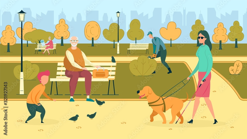 Naklejka premium Blind Woman with Guide Dog Walking in Park Flat.