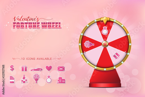 Valentine Spinning Fortune Wheel in realistic style with 10 Icons for Selection on Bokeh Background