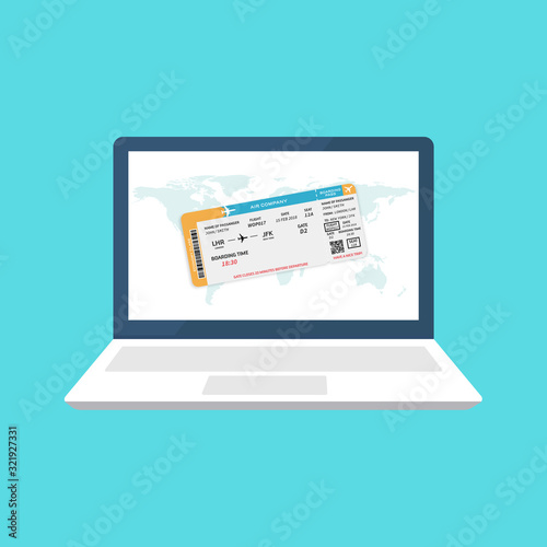 Flight ticket search. Online booking concept on the laptop screen. 
