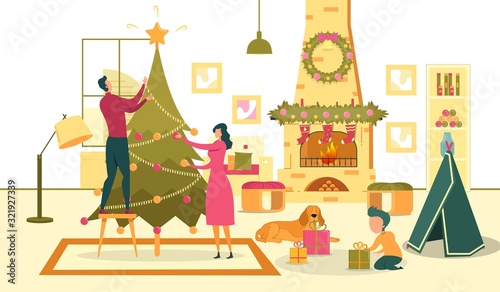 Family with Dog Prepare for Christmas Holidays