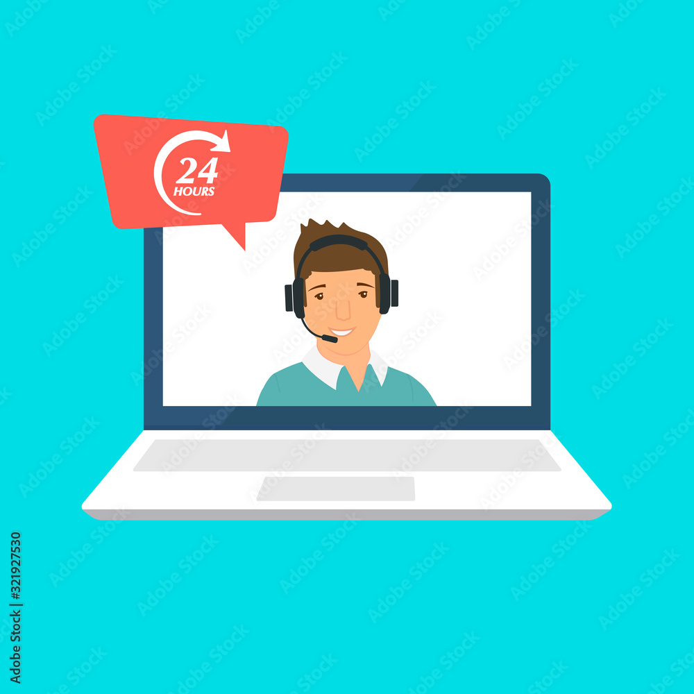 Customer service landing page. Man with headphones and microphone with laptop. Concept illustration for support, assistance, call center. illustration in flat style Customer service landing page. Man with headphones and microphone with laptop. Concept illustration for support, assistance, call center. illustration in flat style