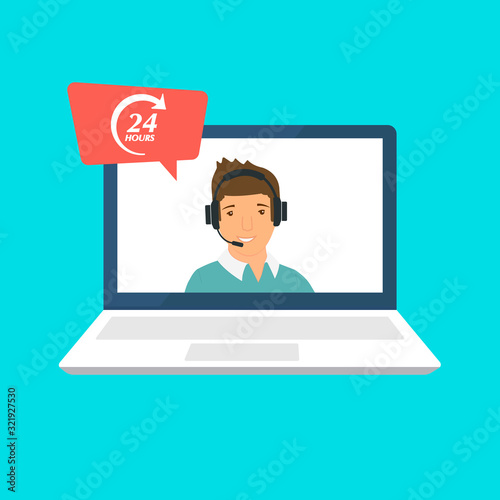 Customer service landing page. Man with headphones and microphone with laptop. Concept illustration for support, assistance, call center. illustration in flat style	