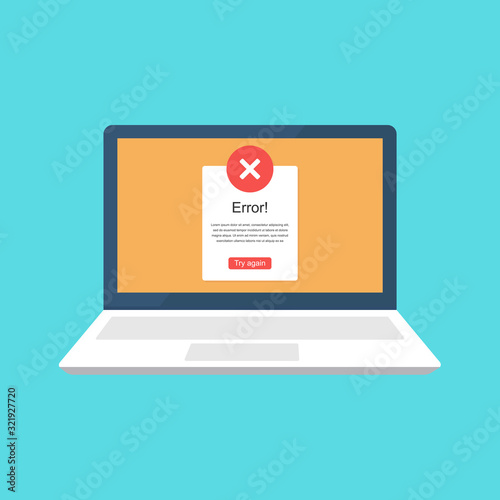 Error message on laptop screen. Crash, error, failure of the system. Flat Color Icon.	