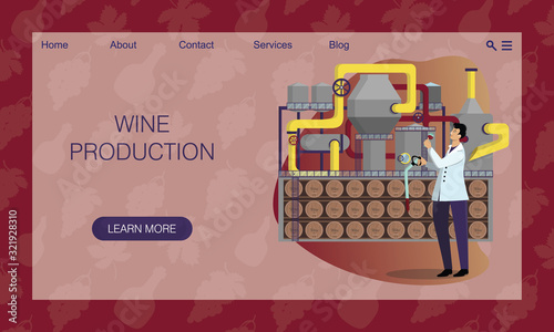 Winery. Industrial production of wine. Male winemaker in lab coat takes a sample of wine using pipette. Concept of website, landing page design template