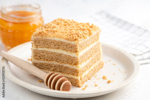 Layered Honey Cake Medovik. Square Piece Of Cake