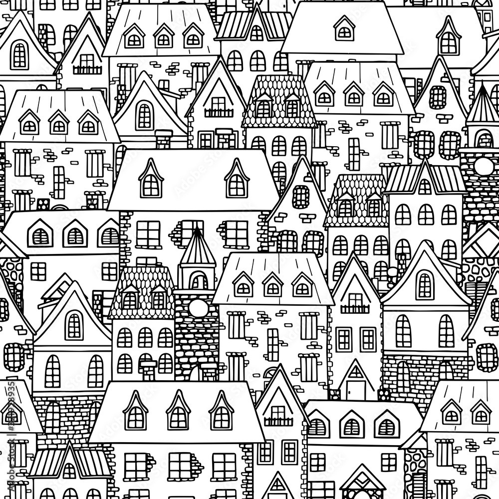 Old city seamless pattern. Hand drawn old houses, city landscape. Vector illustration.