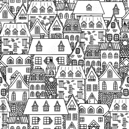 Old city seamless pattern. Hand drawn old houses, city landscape. Vector illustration.