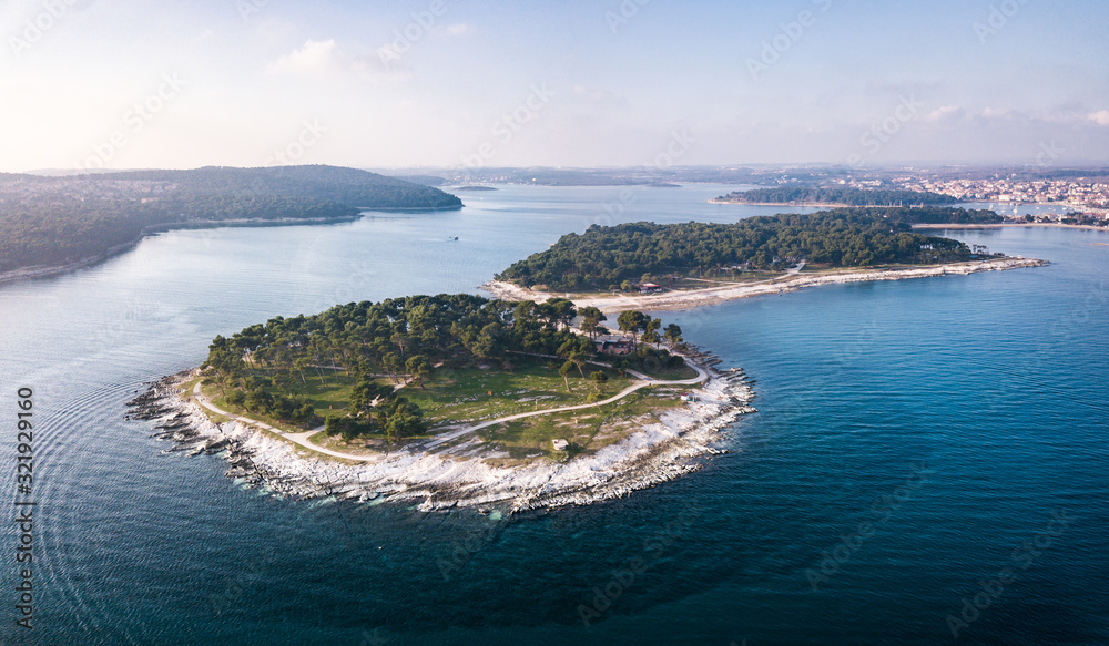 Fototapeta premium Medulin , Istria , Croatia. Aerial shot of the nearby peninsula and camping zone.