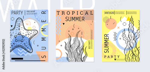 Summer party poster set, geometric memphis style. Cool trendy flyer with type quote. Sea ocean elements for travel banner, music cover, fashion print. Weed vector illustration, coral, blue background