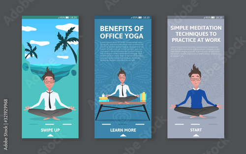 Yoga at job. Businessman relaxing in lotus position, meditation on the beach with palms and sea. Cartoon style man meditation in office for logo vertical banner voucher. Vector flat illustration