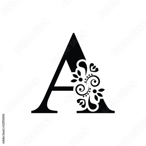 letter A. Vintage black flower ornament initial letters.  Alphabet. Logo vector 
