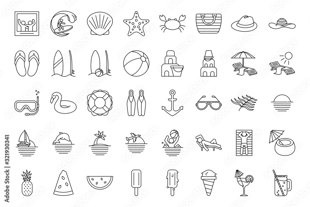 Set summer beach icons outline styles. Summer vacation and outdoor on the beach stuff line elements for web.