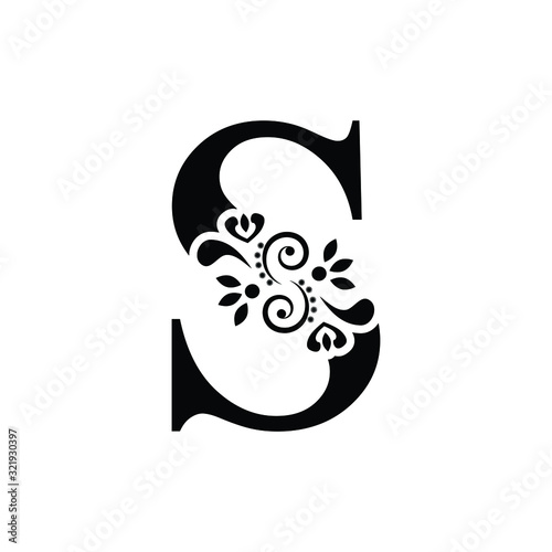 letter S. Vintage black flower ornament initial letters.  Alphabet. Logo vector 