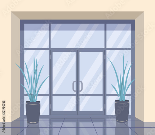 Office Interior with Door, Glossy Floor and Pot Plants.