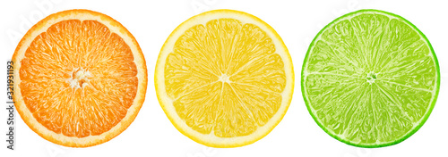 citrus slice, orange, lemon, lime, isolated on white background, clipping path