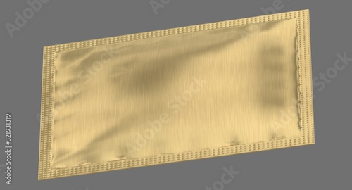 Gold aluminium foil package mockup, blank bag template for design uses in 3d rendering isolated on dark gray background