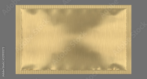 Gold aluminium foil package mockup, blank bag template for design uses in 3d rendering isolated on dark gray background