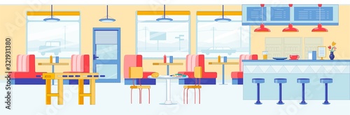 Banner Modern Roadside Cafe Interior, Cartoon.