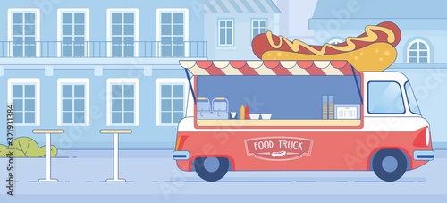 Fast Food Truck Parked on City Street Landscape.