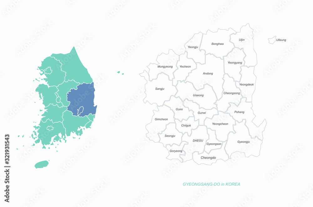 Naklejka premium gyeongsang do map. gyeongsang-namdo and gyeongsang bukdo map. korea provinces map. 