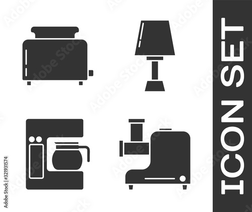 Set Kitchen meat grinder , Toaster with toasts , Coffee machine with glass pot  and Table lamp  icon. Vector