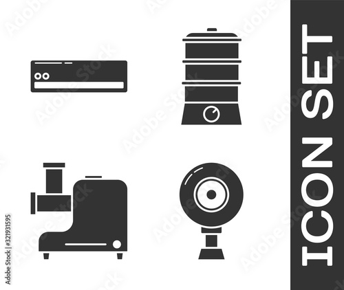 Set Web camera , Air conditioner , Kitchen meat grinder  and Double boiler  icon. Vector