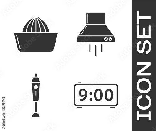 Set Digital alarm clock , Citrus fruit juicer , Blender  and Kitchen extractor fan  icon. Vector