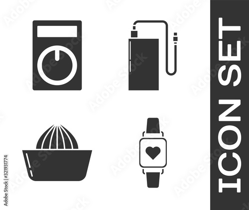 Set Smart watch showing heart beat rate , Remote control, Citrus fruit juicer  and Power bank with different charge cable  icon. Vector