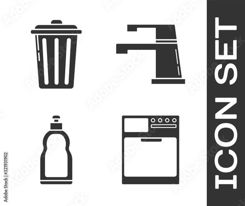 Set Washer , Trash can , Plastic bottles for liquid dishwashing liquid and Water tap  icon. Vector