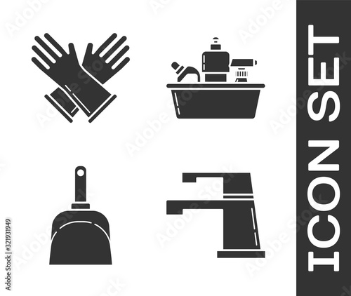 Set Water tap , Rubber gloves , Dustpan  and Plastic bottles for liquid dishwashing liquid icon. Vector