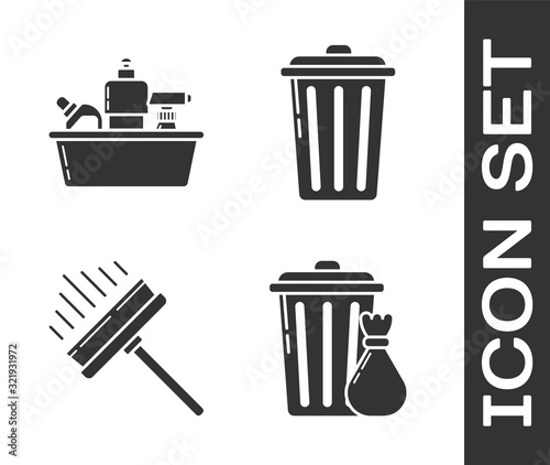 Set Trash can and garbage bag , Plastic bottles for liquid dishwashing liquid, Squeegee, scraper, wiper and Trash can  icon. Vector