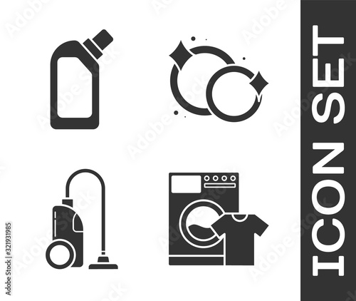 Set Washer and t-shirt , Plastic bottles for liquid dishwashing liquid, Vacuum cleaner  and Washing dishes  icon. Vector
