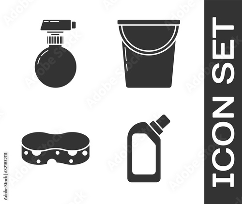 Set Plastic bottles for liquid dishwashing liquid, Cleaning spray bottle with detergent liquid , Sponge  and Bucket  icon. Vector
