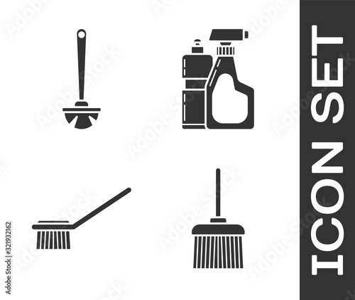 Set Handle broom , Toilet brush , Toilet brush  and Plastic bottles for liquid dishwashing liquid icon. Vector