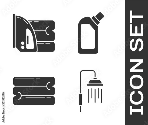 Set Shower head with water drops flowing , Electric iron and towel , Towel stack  and Plastic bottles for liquid dishwashing liquid icon. Vector