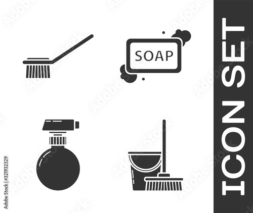 Set Mop and bucket , Toilet brush , Cleaning spray bottle with detergent liquid  and Bar of soap with foam  icon. Vector