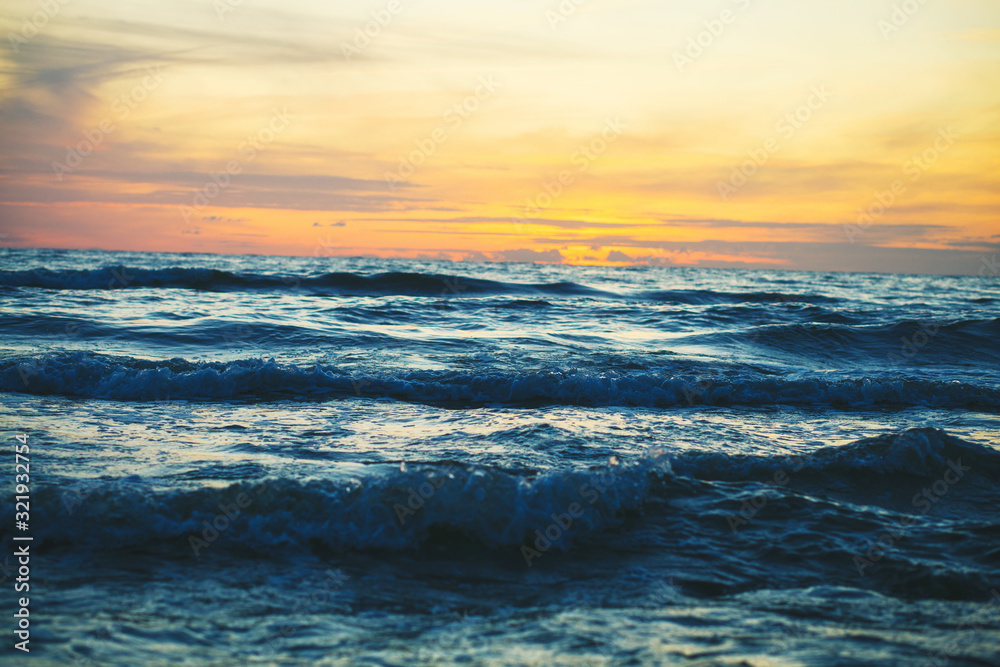 sea waves, sunset, beautiful scenic landscape