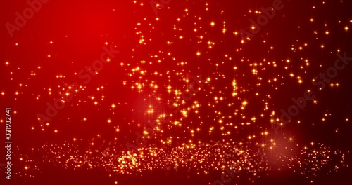 Golden confetti bokeh lights on the red background. 3d illustration