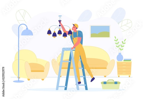 Master Household Works Hangs Chandelier at Home.