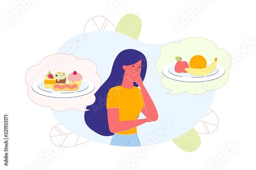 Girl Thinking about Healthy and Junk Food, Choice.