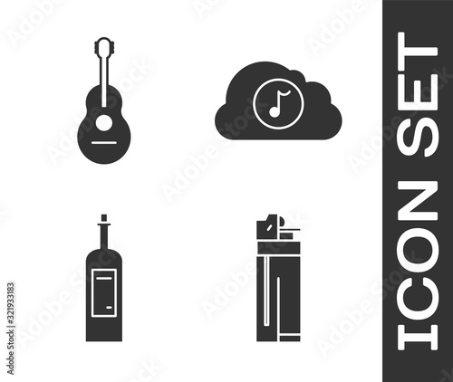 Set Lighter , Guitar , Bottle of wine  and Music streaming service  icon. Vector