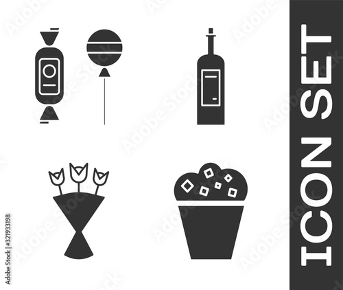 Set Popcorn in cardboard box , Lollipop , Bouquet of flowers  and Bottle of wine  icon. Vector