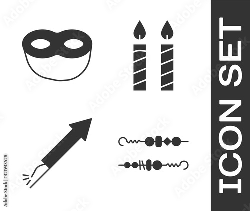 Set Grilled shish kebab, Festive mask , Firework rocket  and Birthday cake candles  icon. Vector