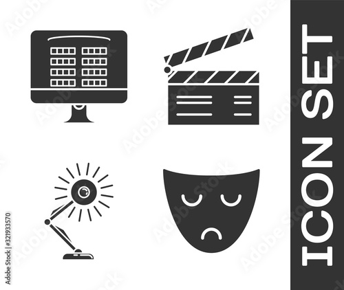 Set Drama theatrical mask , Buy cinema ticket online , Table lamp  and Movie clapper  icon. Vector
