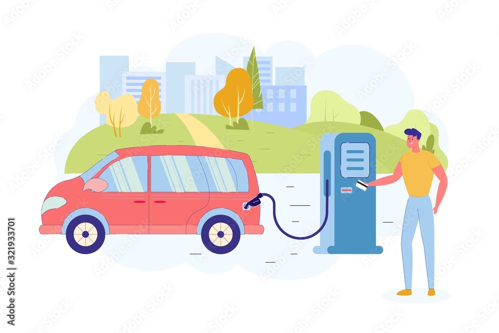 Refueling Car with Column and Paying with Card.