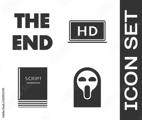 Set Funny and scary ghost mask, The End handwritten inscription , Scenario  and Laptop screen with HD video technology  icon. Vector