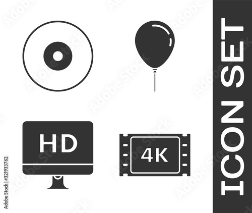 Set 4k movie, tape, frame , CD or DVD disk , Computer PC monitor with HD video technology  and Balloon with ribbon  icon. Vector
