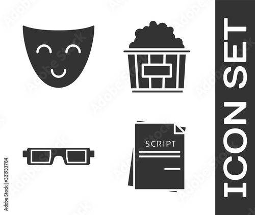 Set Scenario , Comedy theatrical mask , 3D cinema glasses  and Popcorn in cardboard box  icon. Vector