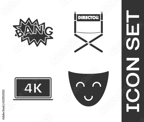 Set Comedy theatrical mask , Bang boom text speech bubble balloon , Laptop screen with 4k video technology  and Director movie chair  icon. Vector