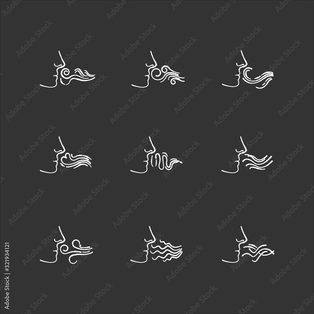 Nose smelling scent chalk white icons set on black background. Person sniffing good and bad odor. Stinking stench. Aromatic fragrance. Fume swirls. Isolated vector chalkboard illustrations
